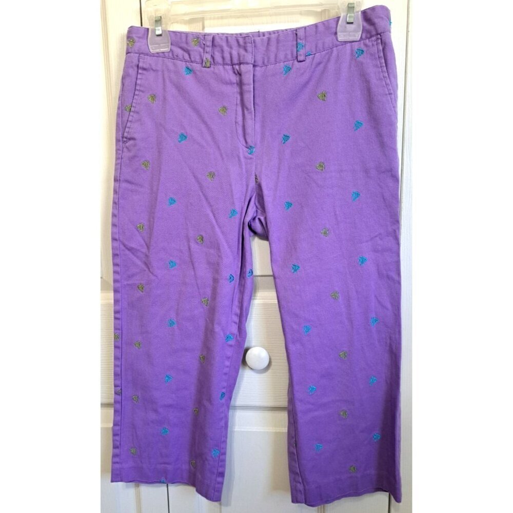 Harve Bernard 6P Cropped Purple Pants Fish Embroidery 20" Inseam Flat Front